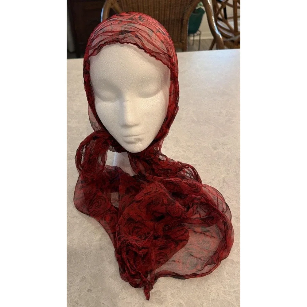 100% Silk Women's Scarf Black And Red Print Vintage